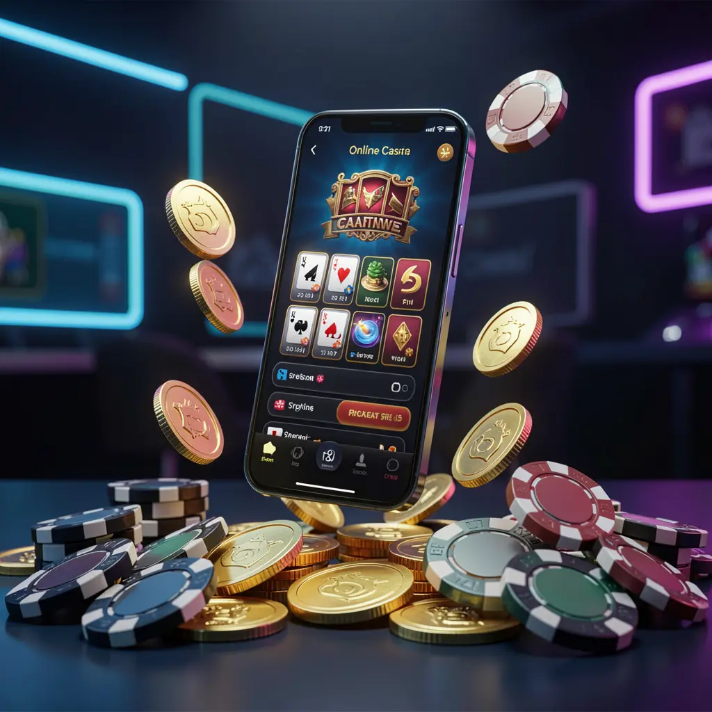 Render 3D realistis sebuah ponsel yang melayang di atas koin emas dan chip poker dengan latar belakang biru tua dan hitam yang menampilkan cahaya neon sinematik, mempromosikan aplikasi kasino online 666 NS