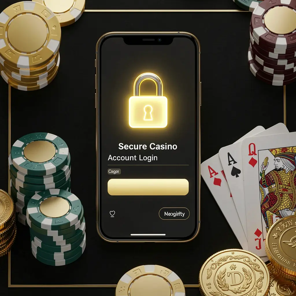 Konsep masuk akun kasino aman yang menampilkan ikon gembok bercahaya di layar ponsel pintar yang dikelilingi chip poker, kartu remi, dan koin emas dengan latar belakang hitam dan emas yang elegan, menampilkan keamanan merek 666 NS