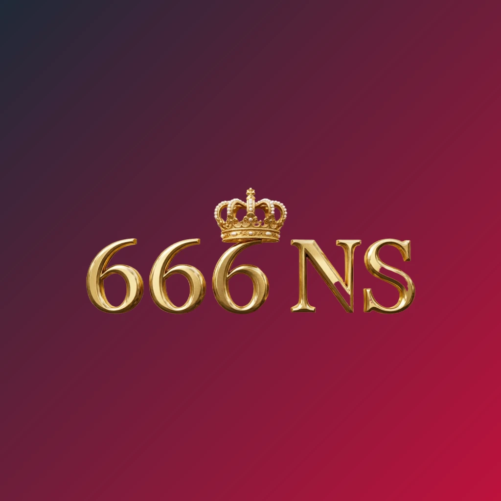 Desain logo kerajaan 666 NS dengan mahkota metalik emas di atas huruf, menampilkan nuansa merek mewah dalam tanda kata persegi panjang horizontal yang lebar dengan latar belakang transparan