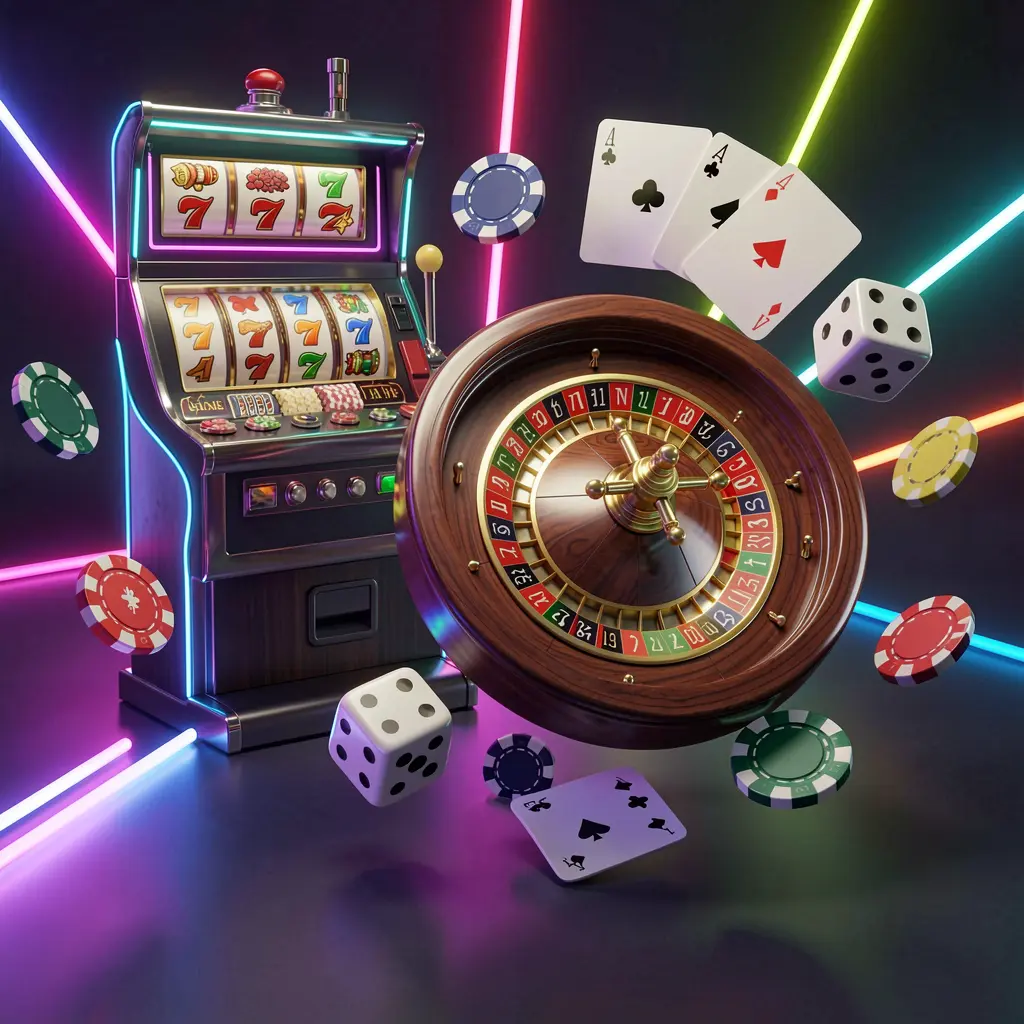 Render 3D premium dari visual beranda koleksi permainan kasino berwarna-warni yang menampilkan mesin slot, roda roulette, dadu, kartu remi, dan chip poker melayang bersama lampu neon, mewakili permainan bertanggung jawab 666 NS